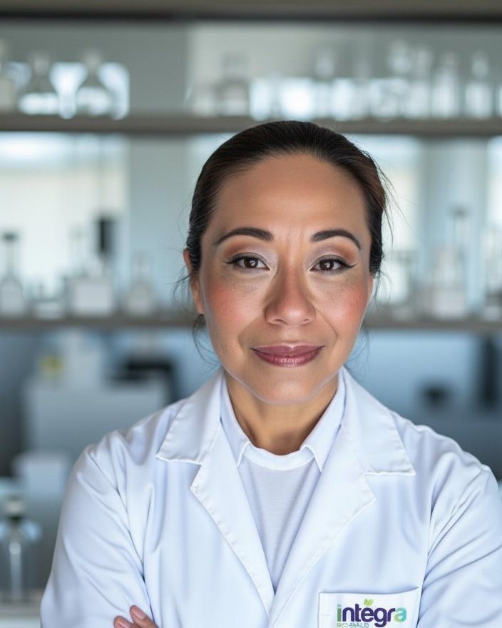 LQI. Gloria García Lam, fundadora de Integra Biosalud, en primer plano con bata profesional en su laboratorio.