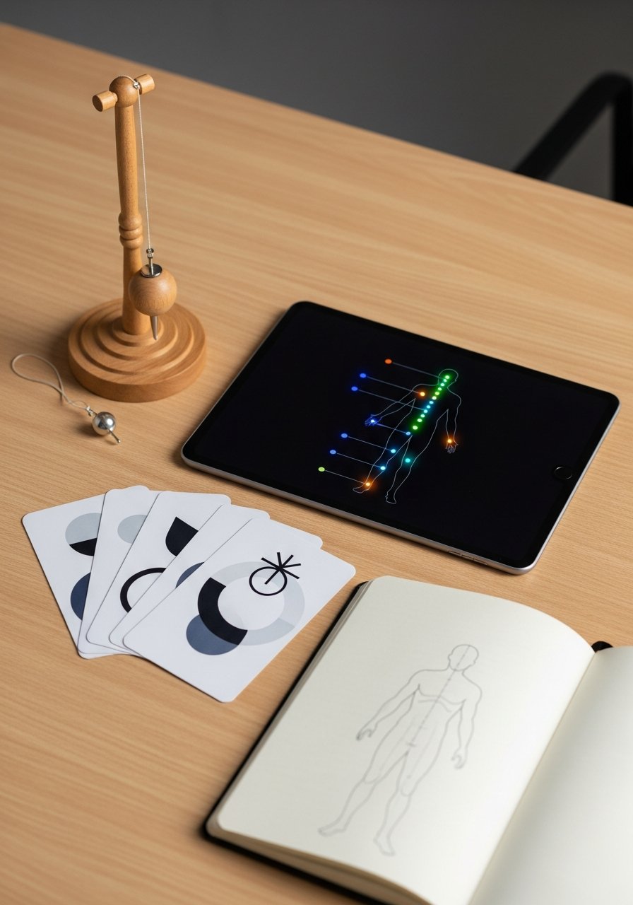 Composición editorial de las herramientas profesionales TBR: péndulo, tablet con diagrama bioenergético, cartas diagnósticas y cuaderno con esquema anatómico.