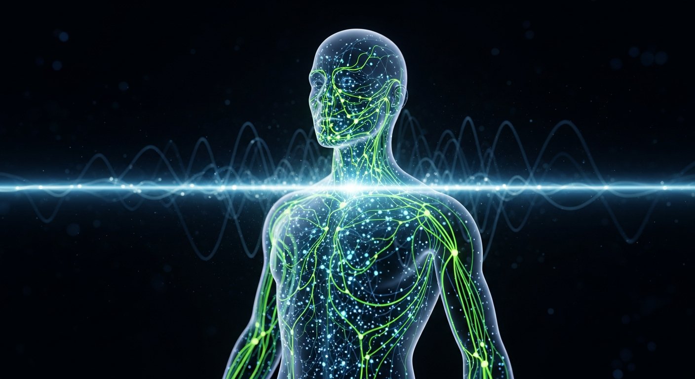 Visualización conceptual del cuerpo humano como sistema bioenergético: silueta traslúcida con red interna de meridianos y nodos bioeléctricos, ondas electromagnéticas en la paleta de marca.